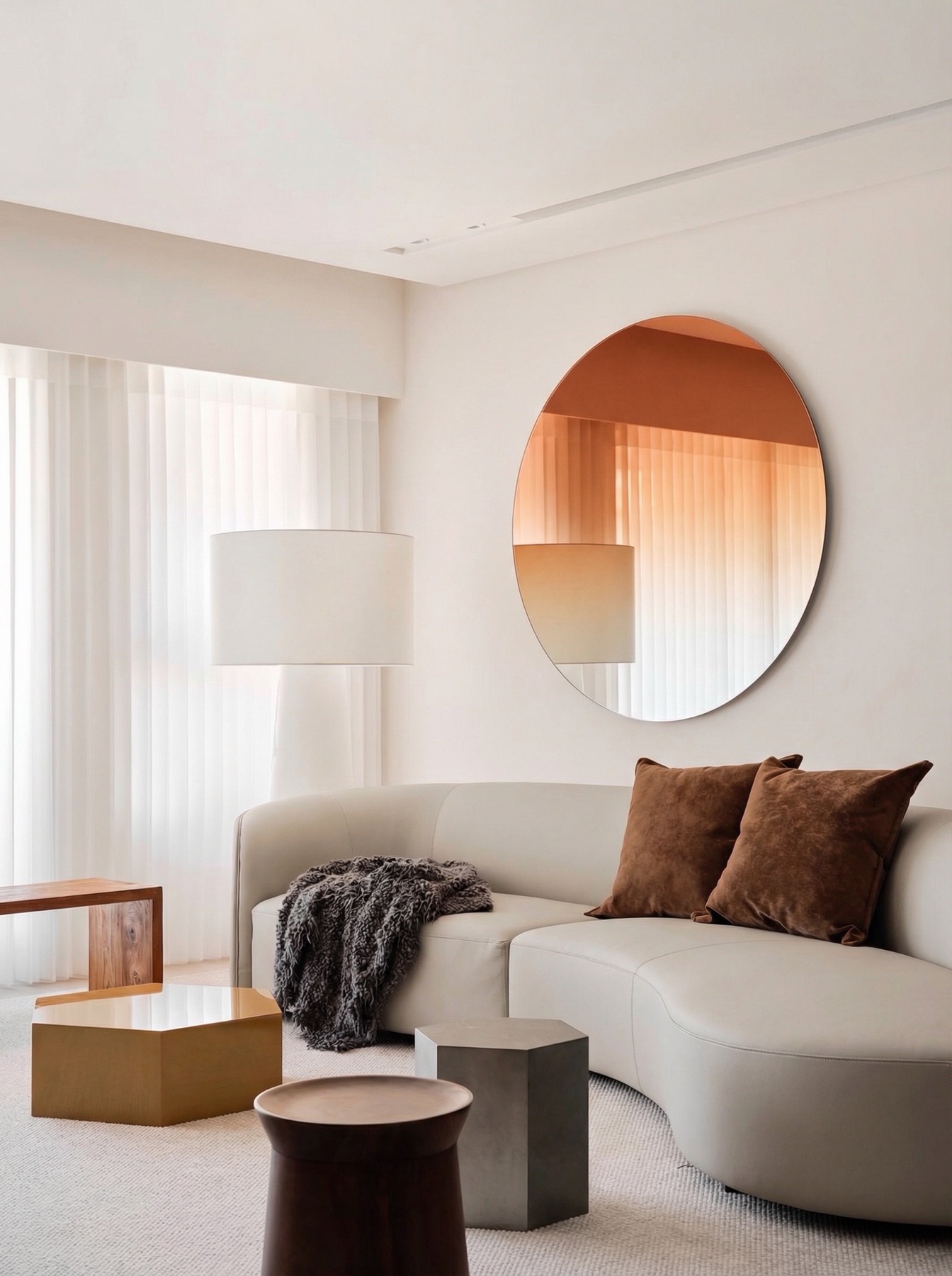 A large round mirror with an orange gradient above a cream curved sofa
