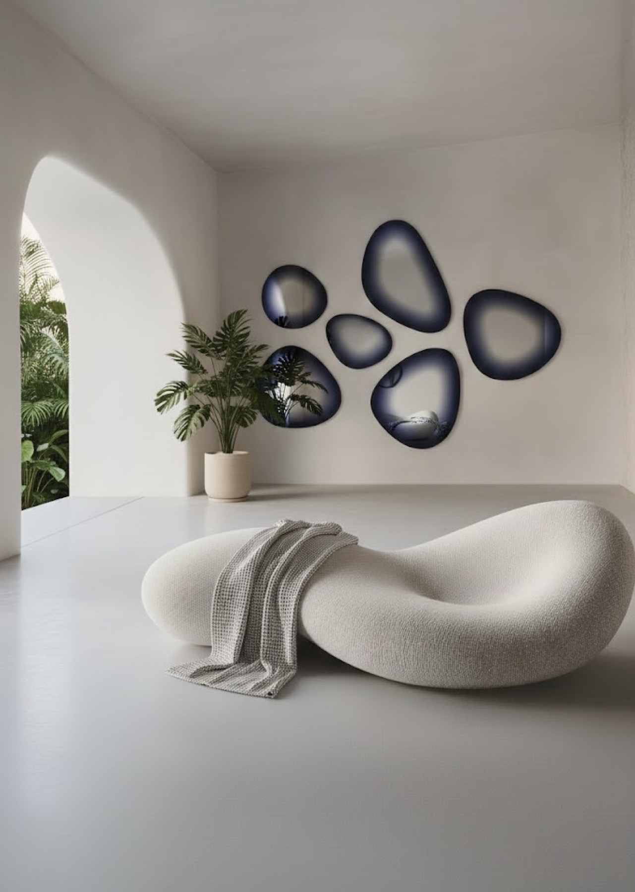 A pebble cluster of dark lacquered mirrors with a black ring framing each piece