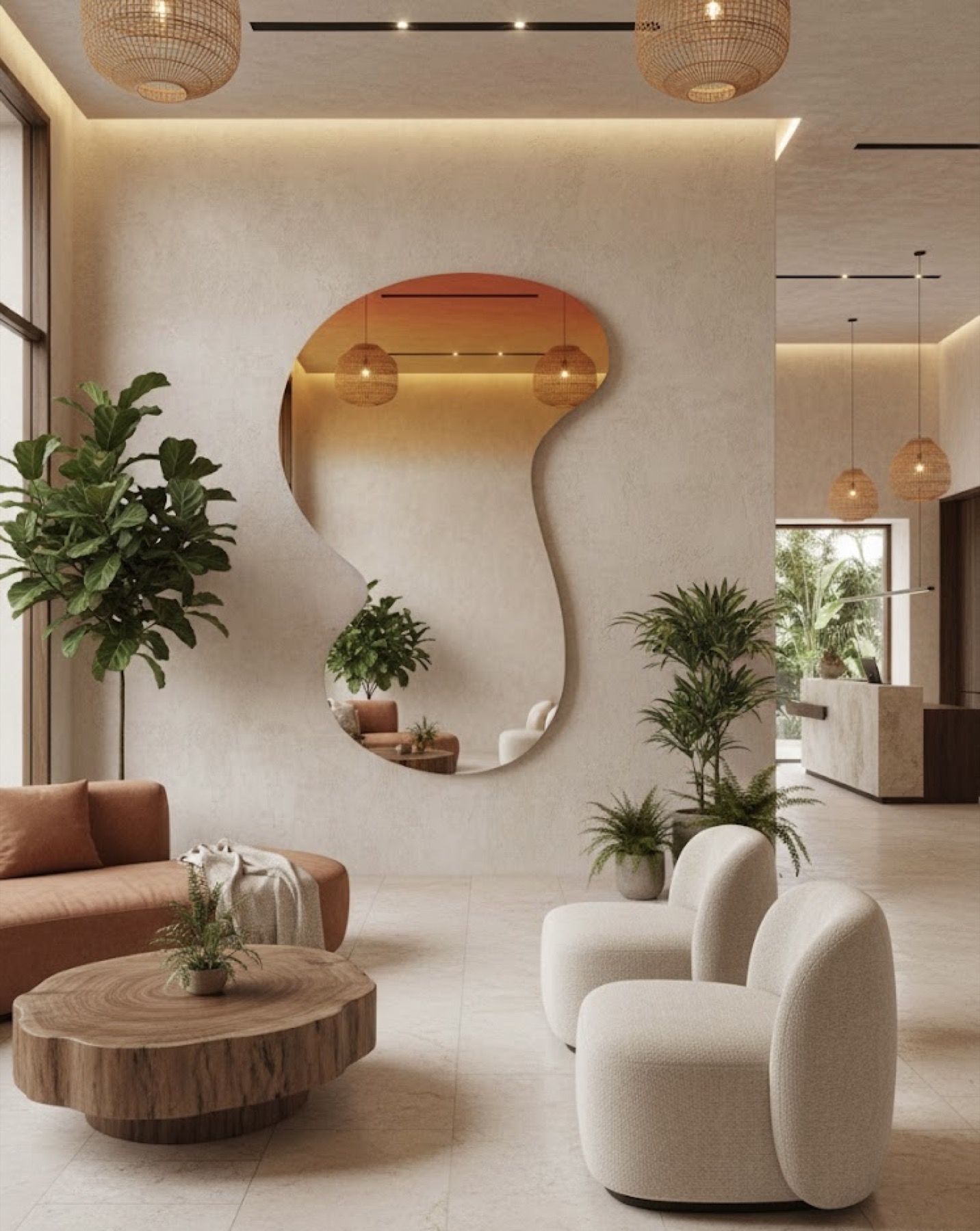 A wavy mirror with a golden gradient at the top, set into a calm hotel lobby